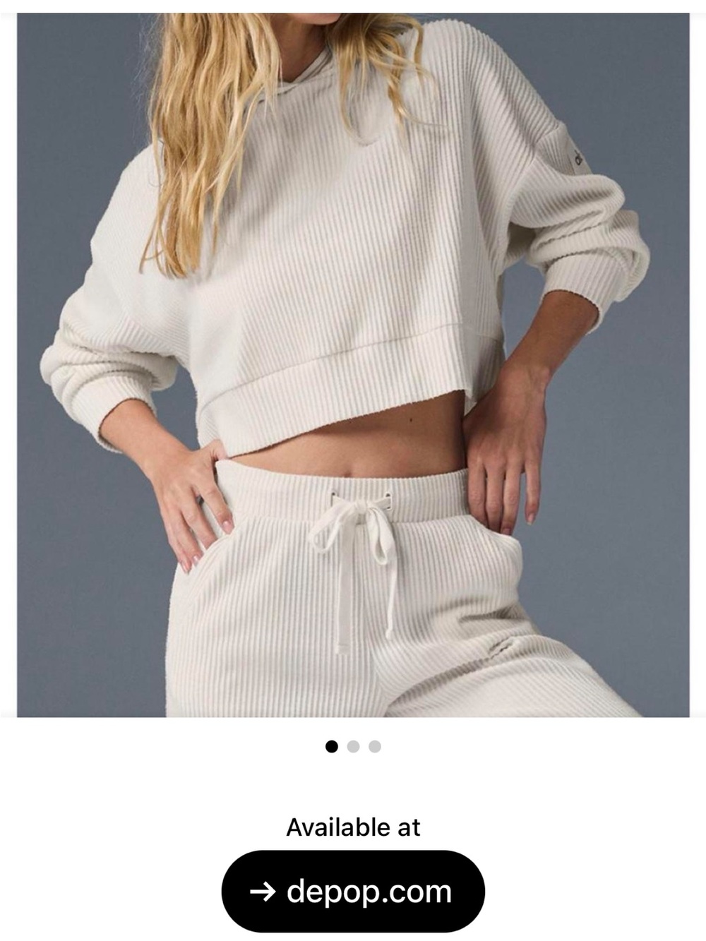 ALO Yoga Cream Ribbed Cropped Hoodie & Drawstring Lounge Pants